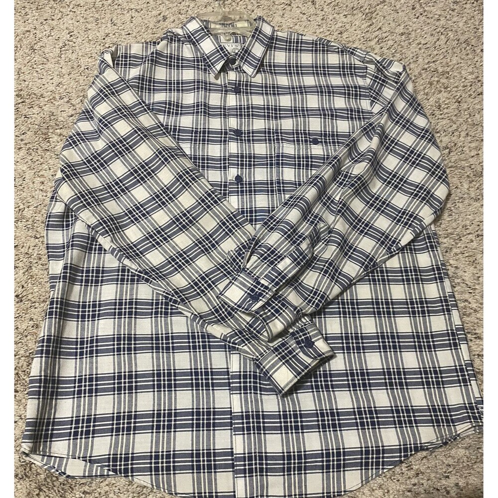 Vintage Levis Size L Silver Label Plaid Shirt Blue White Blue Long Sleeve button